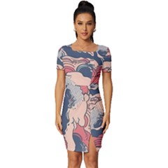 Waves Ocean Sea Water Pattern Rough Seas Fitted Knot Split End Bodycon Dress