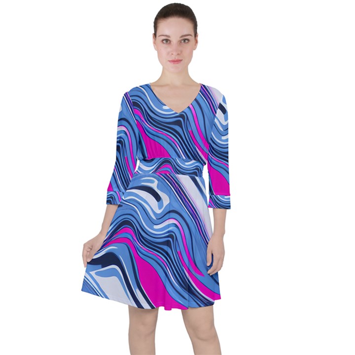 Fluid Art Pattern Quarter Sleeve Ruffle Waist Dress