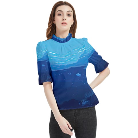 Ai Generated Ocean Sea Fish Underwater Water Frill Neck Blouse by Pakemis