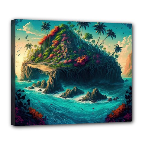 Tropical Island Paradise Ocean Sea Palm Trees Deluxe Canvas 24  X 20  (stretched) by Pakemis