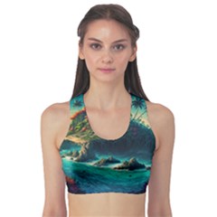 Tropical Island Paradise Ocean Sea Palm Trees Sports Bra by Pakemis