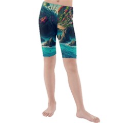 Tropical Island Paradise Ocean Sea Palm Trees Kids  Mid Length Swim Shorts by Pakemis