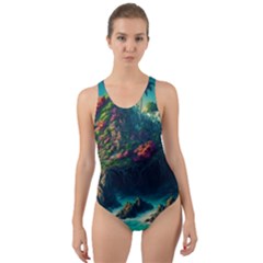 Tropical Island Paradise Ocean Sea Palm Trees Cut-out Back One Piece Swimsuit by Pakemis