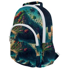 Tropical Island Paradise Ocean Sea Palm Trees Rounded Multi Pocket Backpack