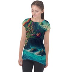 Tropical Island Paradise Ocean Sea Palm Trees Cap Sleeve High Low Top by Pakemis