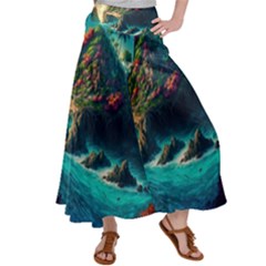 Tropical Island Paradise Ocean Sea Palm Trees Satin Palazzo Pants by Pakemis