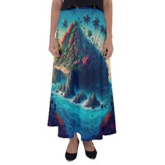 Tropical Island Paradise Ocean Sea Palm Trees Flared Maxi Skirt by Pakemis