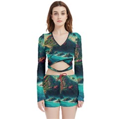 Tropical Island Paradise Ocean Sea Palm Trees Velvet Wrap Crop Top And Shorts Set by Pakemis