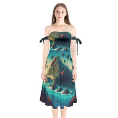 Tropical Island Paradise Ocean Sea Palm Trees Shoulder Tie Bardot Midi Dress by Pakemis