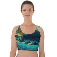 Tropical Island Paradise Ocean Sea Palm Trees Velvet Crop Top by Pakemis