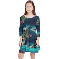 Tropical Island Paradise Ocean Sea Palm Trees Kids  Quarter Sleeve Skater Dress by Pakemis