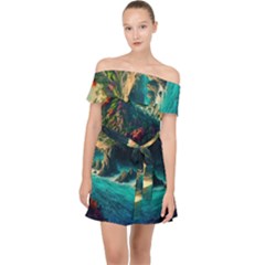 Tropical Island Paradise Ocean Sea Palm Trees Off Shoulder Chiffon Dress