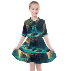 Tropical Island Paradise Ocean Sea Palm Trees Kids  All Frills Chiffon Dress by Pakemis