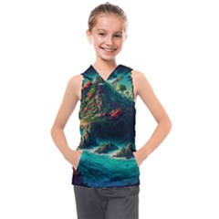 Tropical Island Paradise Ocean Sea Palm Trees Kids  Sleeveless Hoodie by Pakemis