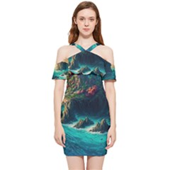 Tropical Island Paradise Ocean Sea Palm Trees Shoulder Frill Bodycon Summer Dress by Pakemis