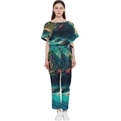 Tropical Island Paradise Ocean Sea Palm Trees Batwing Lightweight Chiffon Jumpsuit by Pakemis