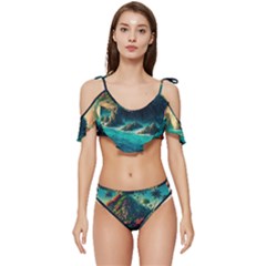 Tropical Island Paradise Ocean Sea Palm Trees Ruffle Edge Tie Up Bikini Set	