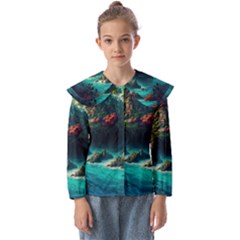 Tropical Island Paradise Ocean Sea Palm Trees Kids  Peter Pan Collar Blouse by Pakemis