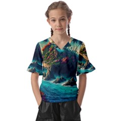 Tropical Island Paradise Ocean Sea Palm Trees Kids  V-neck Horn Sleeve Blouse by Pakemis