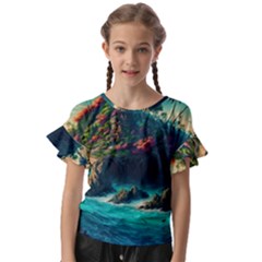 Tropical Island Paradise Ocean Sea Palm Trees Kids  Cut Out Flutter Sleeves by Pakemis