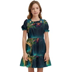 Tropical Island Paradise Ocean Sea Palm Trees Kids  Puff Sleeved Dress by Pakemis