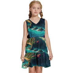 Tropical Island Paradise Ocean Sea Palm Trees Kids  Sleeveless Tiered Mini Dress