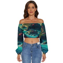 Tropical Island Paradise Ocean Sea Palm Trees Long Sleeve Crinkled Weave Crop Top by Pakemis