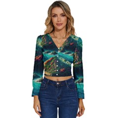 Tropical Island Paradise Ocean Sea Palm Trees Long Sleeve V-neck Top