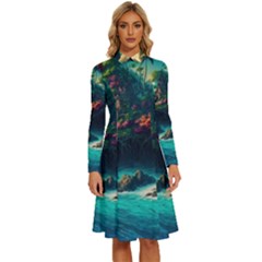 Tropical Island Paradise Ocean Sea Palm Trees Long Sleeve Shirt Collar A-line Dress by Pakemis