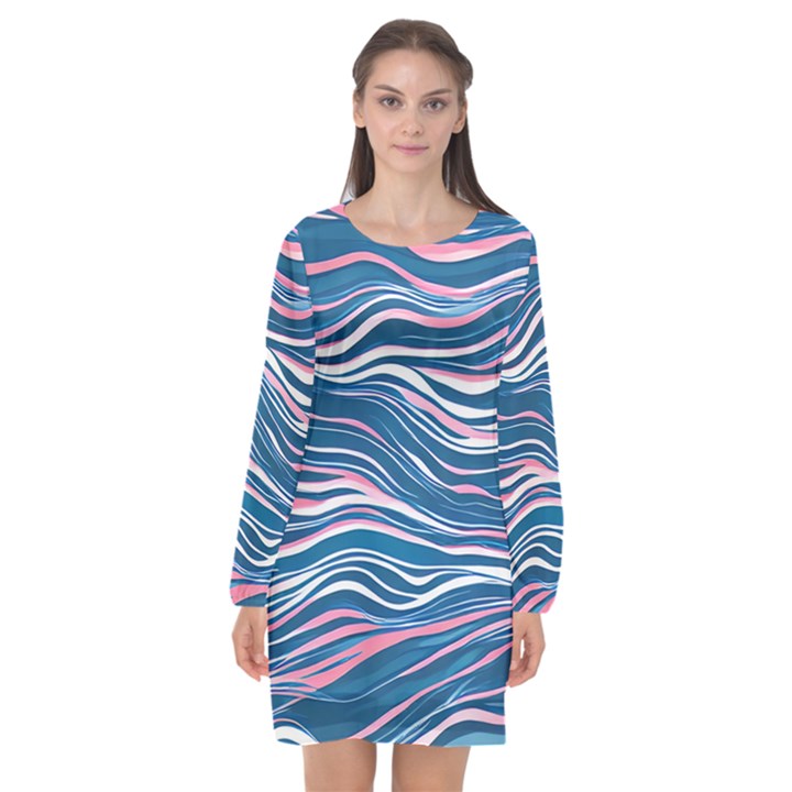 Modern Fluid Art Long Sleeve Chiffon Shift Dress 