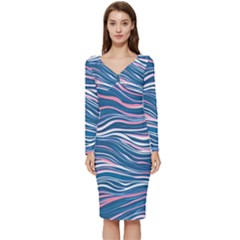 Modern Fluid Art Long Sleeve V-neck Bodycon Dress  by GardenOfOphir