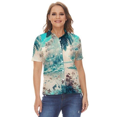 Tropical Winter Tropical Winter Landscape Women s Short Sleeve Double Pocket Shirt by Pakemis