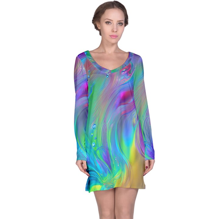 Fluid Art - Artistic And Colorful Long Sleeve Nightdress