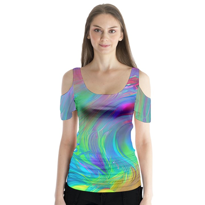 Fluid Art - Artistic And Colorful Butterfly Sleeve Cutout Tee 