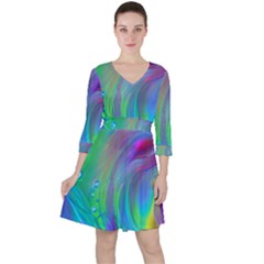 Fluid Art - Artistic And Colorful Quarter Sleeve Ruffle Waist Dress by GardenOfOphir