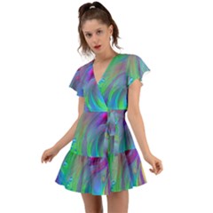 Fluid Art - Artistic And Colorful Flutter Sleeve Wrap Dress by GardenOfOphir