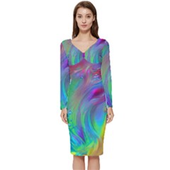 Fluid Art - Artistic And Colorful Long Sleeve V-neck Bodycon Dress  by GardenOfOphir