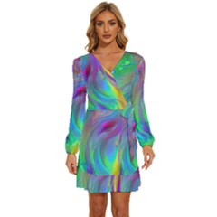 Fluid Art - Artistic And Colorful Long Sleeve Waist Tie Ruffle Velvet Dress