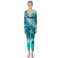 Landscape Nature Digital Art Palm Trees Paradise Long Sleeve Catsuit by Pakemis