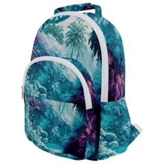 Landscape Nature Digital Art Palm Trees Paradise Rounded Multi Pocket Backpack by Pakemis