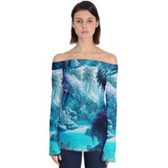 Landscape Nature Digital Art Palm Trees Paradise Off Shoulder Long Sleeve Top by Pakemis