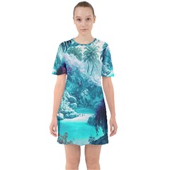 Landscape Nature Digital Art Palm Trees Paradise Sixties Short Sleeve Mini Dress by Pakemis