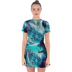 Landscape Nature Digital Art Palm Trees Paradise Drop Hem Mini Chiffon Dress by Pakemis