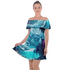 Landscape Nature Digital Art Palm Trees Paradise Off Shoulder Velour Dress by Pakemis