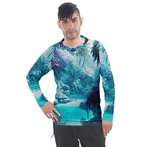 Landscape Nature Digital Art Palm Trees Paradise Men s Pique Long Sleeve Tee by Pakemis