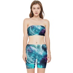 Landscape Nature Digital Art Palm Trees Paradise Stretch Shorts And Tube Top Set by Pakemis