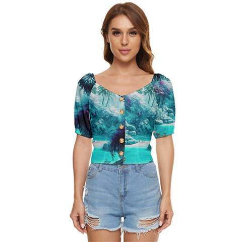 Landscape Nature Digital Art Palm Trees Paradise Button Up Blouse by Pakemis