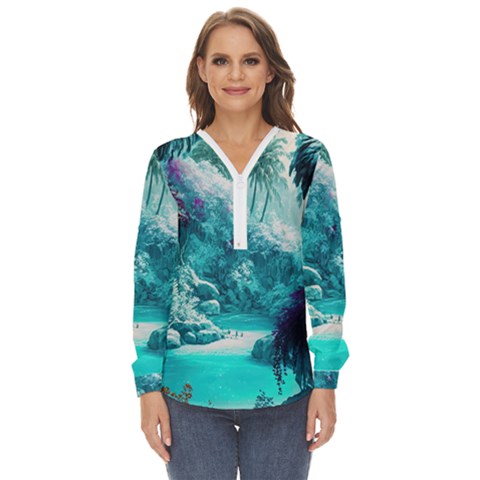 Landscape Nature Digital Art Palm Trees Paradise Zip Up Long Sleeve Blouse by Pakemis