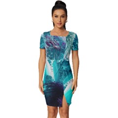 Landscape Nature Digital Art Palm Trees Paradise Fitted Knot Split End Bodycon Dress by Pakemis