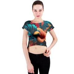 Ai Generated Tropical Flowers Floral Floral Pattern Crew Neck Crop Top by Pakemis